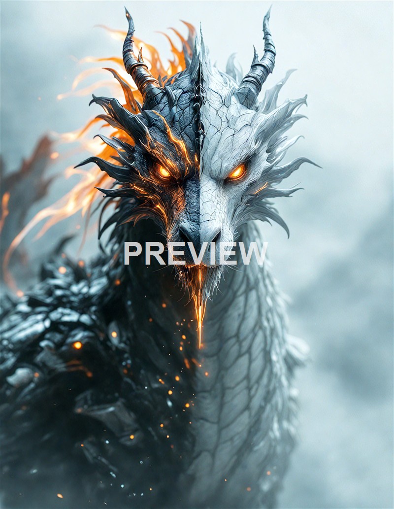 A digitally created image of a mythical creature that has the body and features of a dragon with a split face, one side resembling fire and the other ice, with glowing eyes and intricate textures.